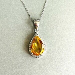 Citrine & Cubic Zirconia Halo Tear Drop Sterling Silver Pendant Necklace